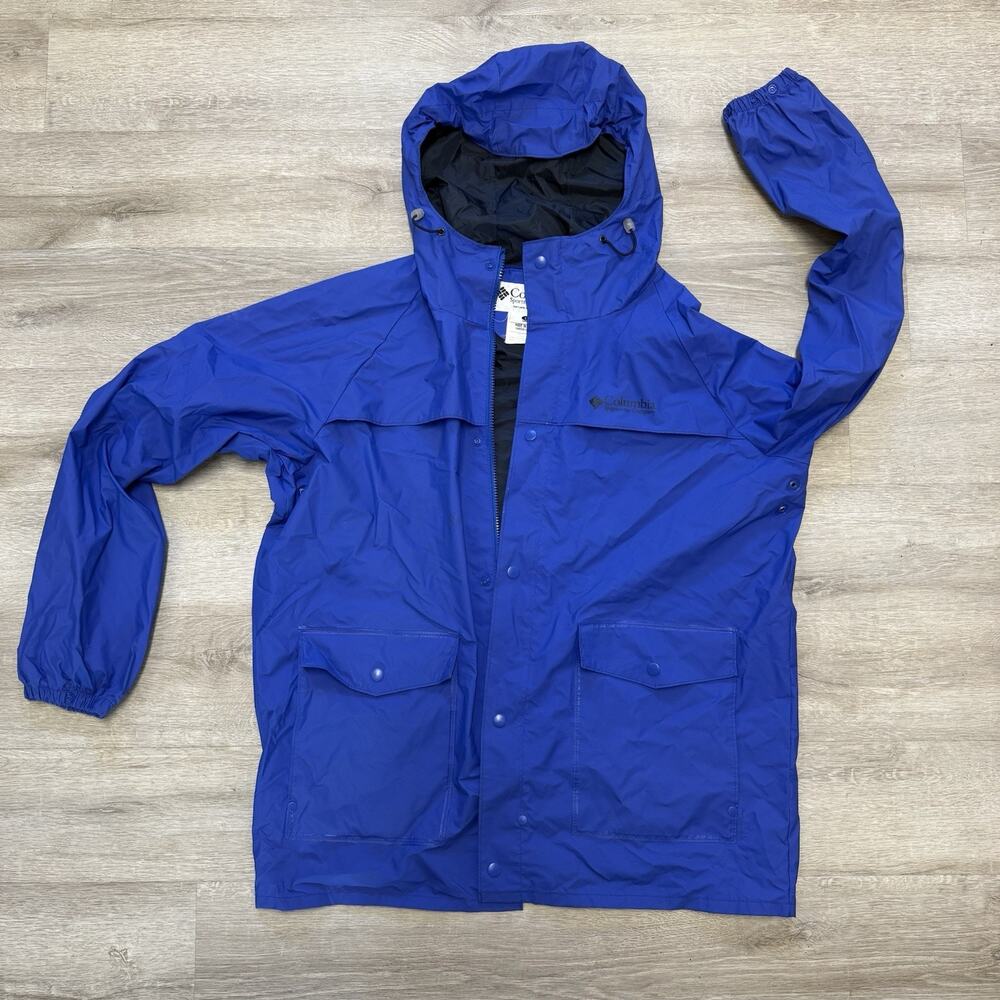 Columbia VINTAGE Men’s Large Hooded Rain Jacket Blue Vented